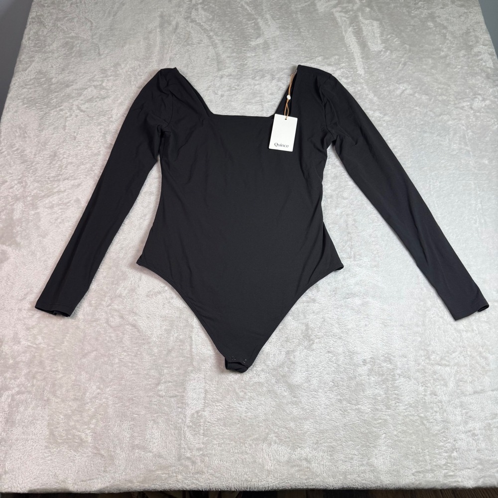 NEW Quince Womens Long Sleeve Square Neck Bodysuit Black Size Large